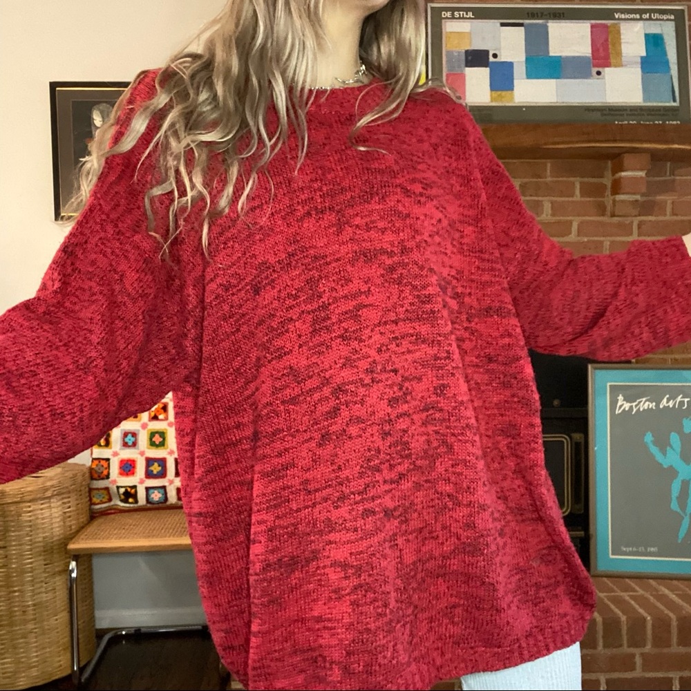 Vintage 90s Forenza Chenille Marbled Red Oversized Soft Vevlet Knit Swea…